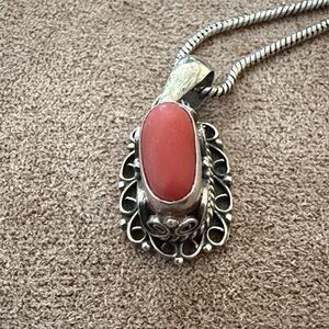 Elegant Authentic Red Coral, Italian Sterling Silver Pendant Necklace